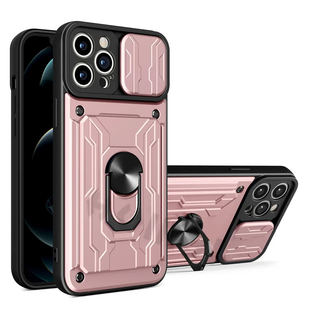 High-Quality Liquid Silicone Card Holder with Ring and Magnetic Stand iPhone Case | MagSafe Case with 360-Degree Protection and Camera Lens Cover for Apple iPhone 16/15/14/13/12 Pro Max Plus Mini Cover | Armor Phone Case | Premium Wallet Protective Cover