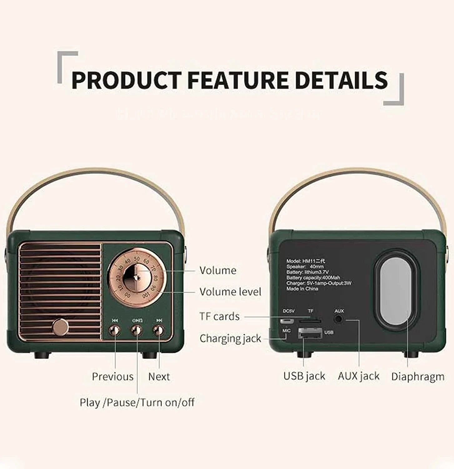 Hochwertiger HM11 Tragbarer Bluetooth-Lautsprecher: Retro Old School Design, Drahtloser Bass-Subwoofer, Wasserdicht, für Outdoor & Auto | Stereo-Spieluhr, Kompatibel mit Smartphone, Laptop, Tablet, PC, Apple iPhone, iPad, MacBook, iOS, Android, Samsung