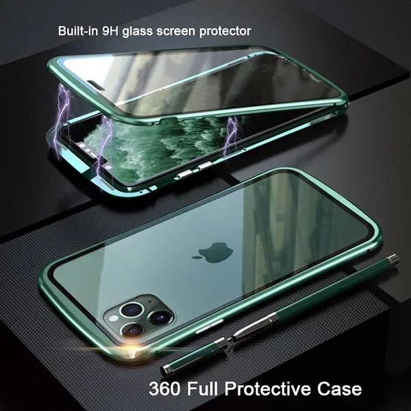 Hochwertige iPhone Hülle aus Metallrahmen und doppelseitigem Glas | MagSafe-kompatible, Magnetische Adsorption für 360° Vollschutz Case | Stoßfest Glasobjektiv-Kameraschutz Panzer-Schutzhülle | Cover für Apple iPhone 16/15/14/13/12 Pro Max, Plus, Mini