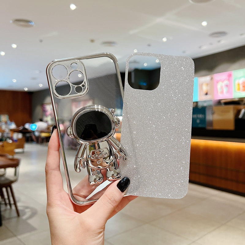 Luxury Glitter Astronaut Folding Silicone Case with Stand and Hand Holder for Apple iPhone 16/15/14/13/12 Pro Max Plus Mini | Shockproof, Water-Resistant & Anti-Fingerprint