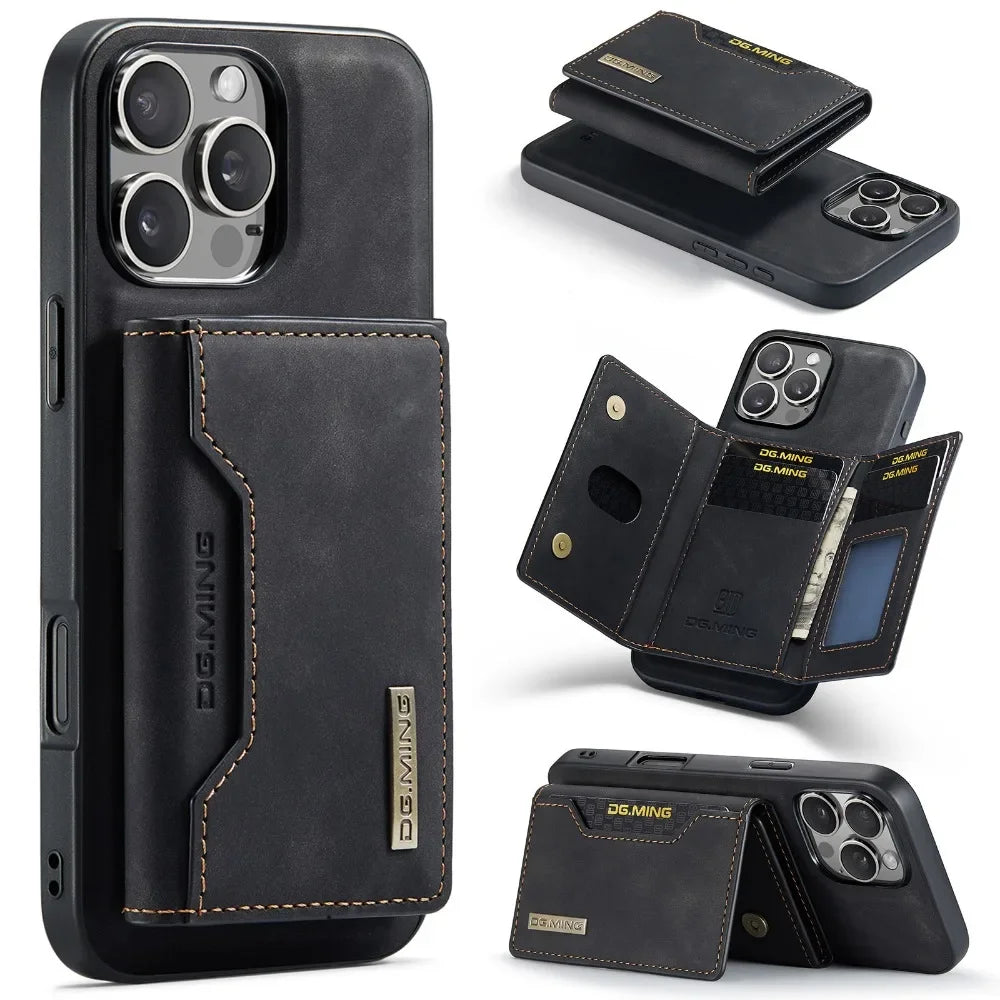 Premium Leder Magnetische Geldbörse mit Kartenhalter iPhone Hülle | MagSafe Case für Apple iPhone 16/15/14/13/12 Pro Max, Plus, Mini - Rundumschutz Cover mit Kameralinsenschutz | Panzertasche Handyhülle | Wallet Schutzhülle