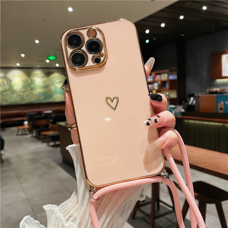 Premium Crossbody Strap Lanyard iPhone Case with Luxury Coating Love Heart Design Soft Silicone | MagSafe Case with Camera Lens Cover for Apple iPhone 16/15/14/13/12 Pro Max, Plus, Mini Cover – Crossbody Strap, Shoulder Strap Protective Cover