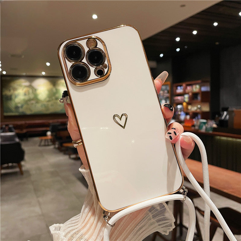 Premium Crossbody Strap Lanyard iPhone Case with Luxury Coating Love Heart Design Soft Silicone | MagSafe Case with Camera Lens Cover for Apple iPhone 16/15/14/13/12 Pro Max, Plus, Mini Cover – Crossbody Strap, Shoulder Strap Protective Cover