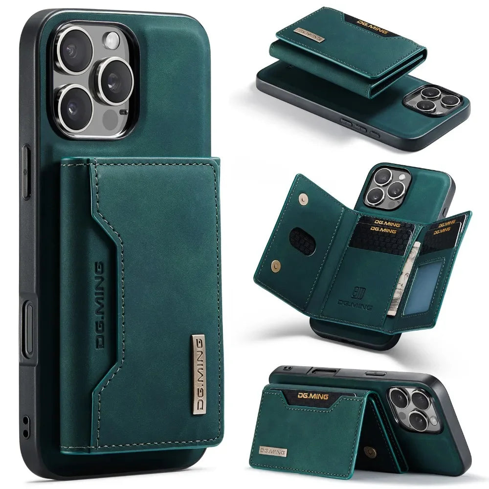 Premium Leder Magnetische Geldbörse mit Kartenhalter iPhone Hülle | MagSafe Case für Apple iPhone 16/15/14/13/12 Pro Max, Plus, Mini - Rundumschutz Cover mit Kameralinsenschutz | Panzertasche Handyhülle | Wallet Schutzhülle