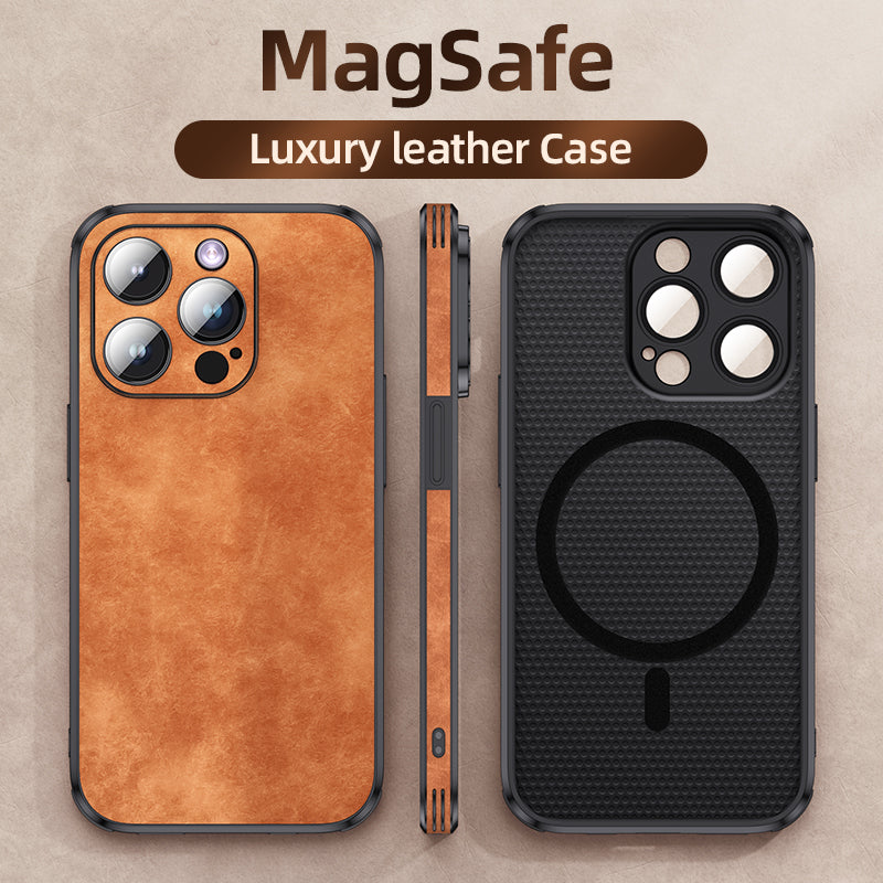 Hochwertige Leder-iPhone-Hülle mit stoßfester Kameraschutzabdeckung Tasche | MagSafe Case für Apple iPhone 16/15/14/13 Pro Max Plus Mini | Panzer-Cover Handyhülle