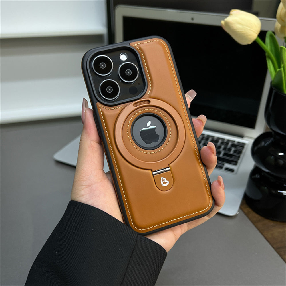 Premium Leather iPhone Case with Magnetic Ring Stand: 360-Degree Rotating Gyro Stand Function & Foldable Holder | MagSafe Case with 360-Degree Protection and Camera Lens Protection for Apple iPhone 16/15/14/13/12 Pro Max, Plus, Mini Armor Protectiv Cover