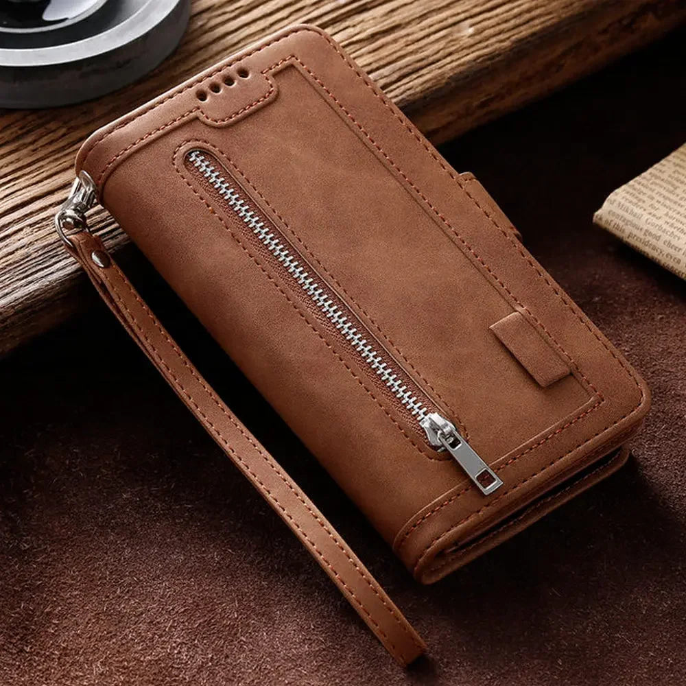 High-Quality Leather Phone Case with Zipper, Card Holder, Stand, and Strap | Flip Cover Case for Apple iPhone 16/15/14/13/12 Pro Max, Plus, Mini - Versatile Protective Cover