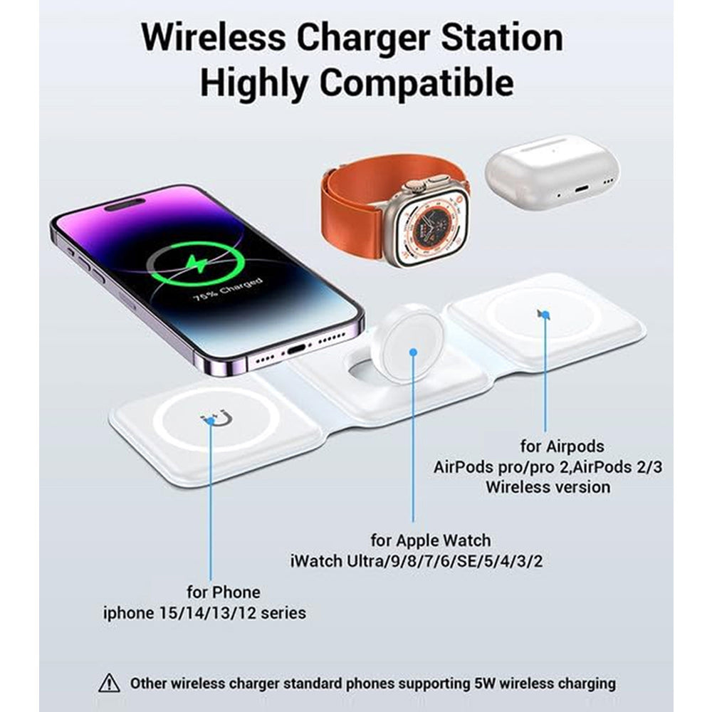 3 In 1 Faltbarer Magnetischer Ladestation 15W Kabellose Ladegerät Aluminium Schnellladestation Dockingstation Wireless Charging Station Smartphones, Apple iPhone, Samsung, iOS & Android