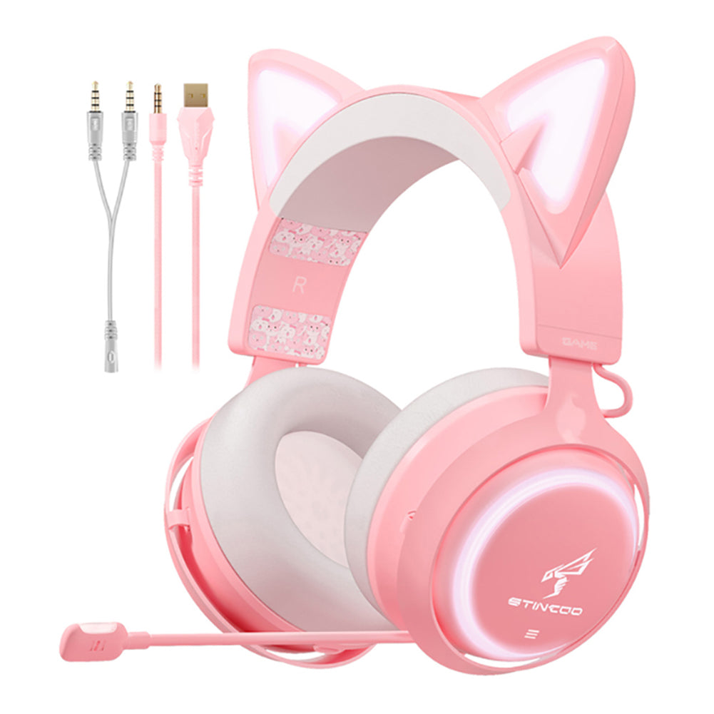 Hochwertiges Onikuma X15 Pro Over-Ear Gaming-Headset mit Kabel | Geräuschunterdrückung, Rosa Katzenohren, RGB-Licht und Mikrofon für PC PS4 Gaming