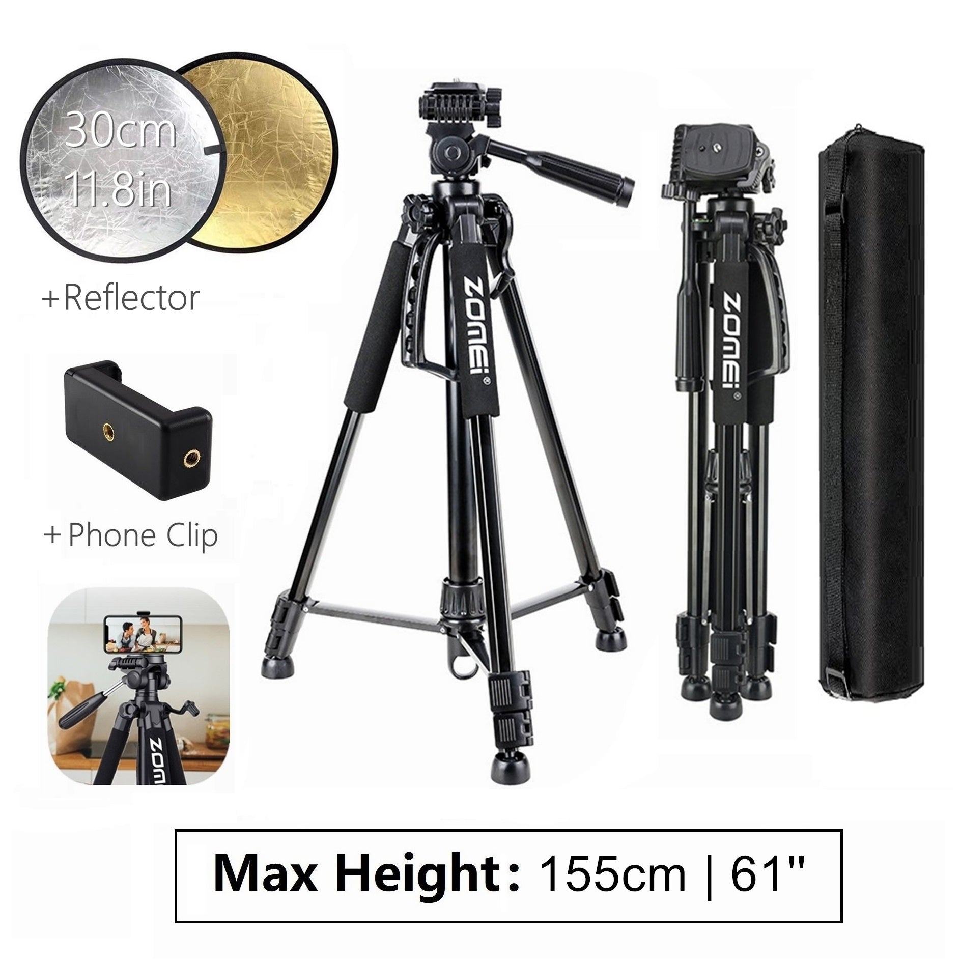 Professional Aluminum Travel Tripod, 140 cm for Videography & Photography: Quick Plate Mounting, Suitable for Smartphones, Apple iPhone 15/14/13/12/11 Pro Max/Plus/Mini, Samsung, Android, GoPro, Canon/Nikon DSLR/SLR