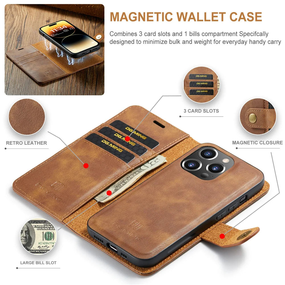 Hochwertige Abnehmbare Magnetische Leder iPhone Hülle | MagSafe Case mit Brieftasche & Kartenhalter für Apple iPhone 16/15/14/13/12 Pro Max, Plus, Mini - Rundumschutz Cover mit Kameralinsenschutz | Panzertasche & Wallet Schutzhülle