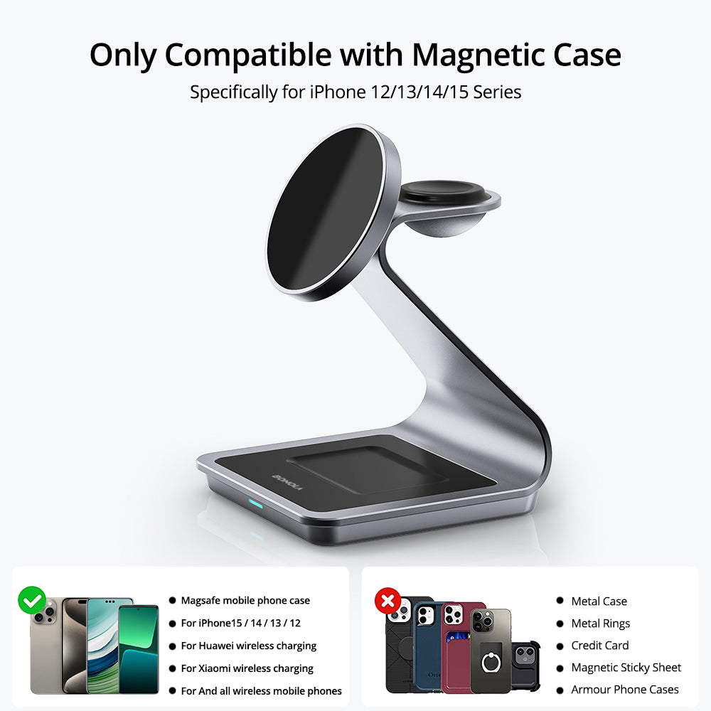 Premium 3 in 1, 30W Magnetic Wireless Charging Station | Wireless Charger for Smartphones, Apple iPhone, Samsung, iOS & Android Apple Watch/AirPods | Fast Charging Docking Station