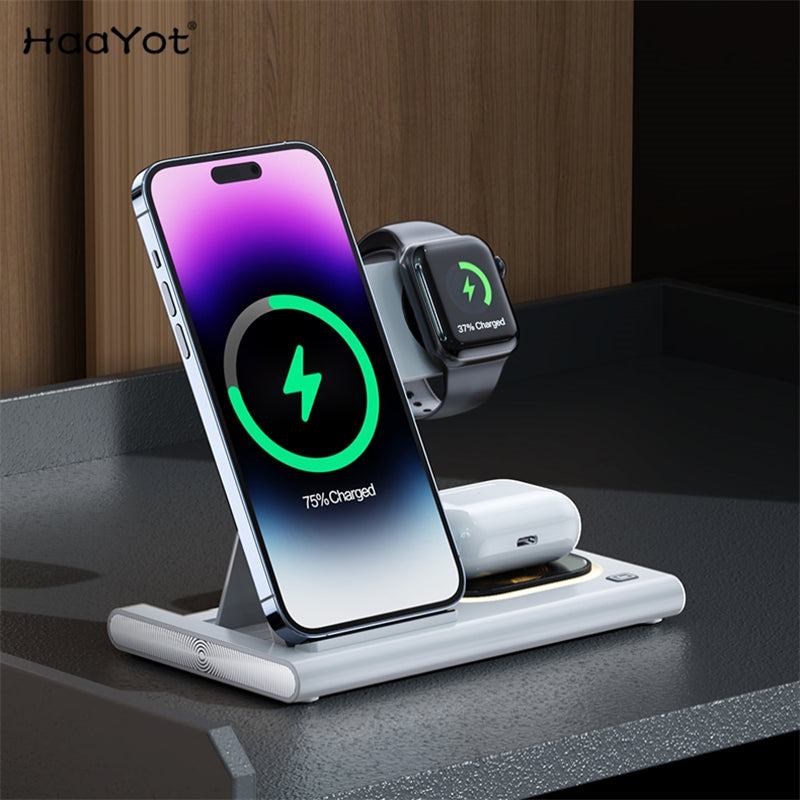 15W 3-in-1 Magnetisches Kabelloses Ladegerät-Standpad | für Smartphones, Apple iPhone, Samsung, iOS & Android AirPods | Wireless Fast Charging Dockingstation