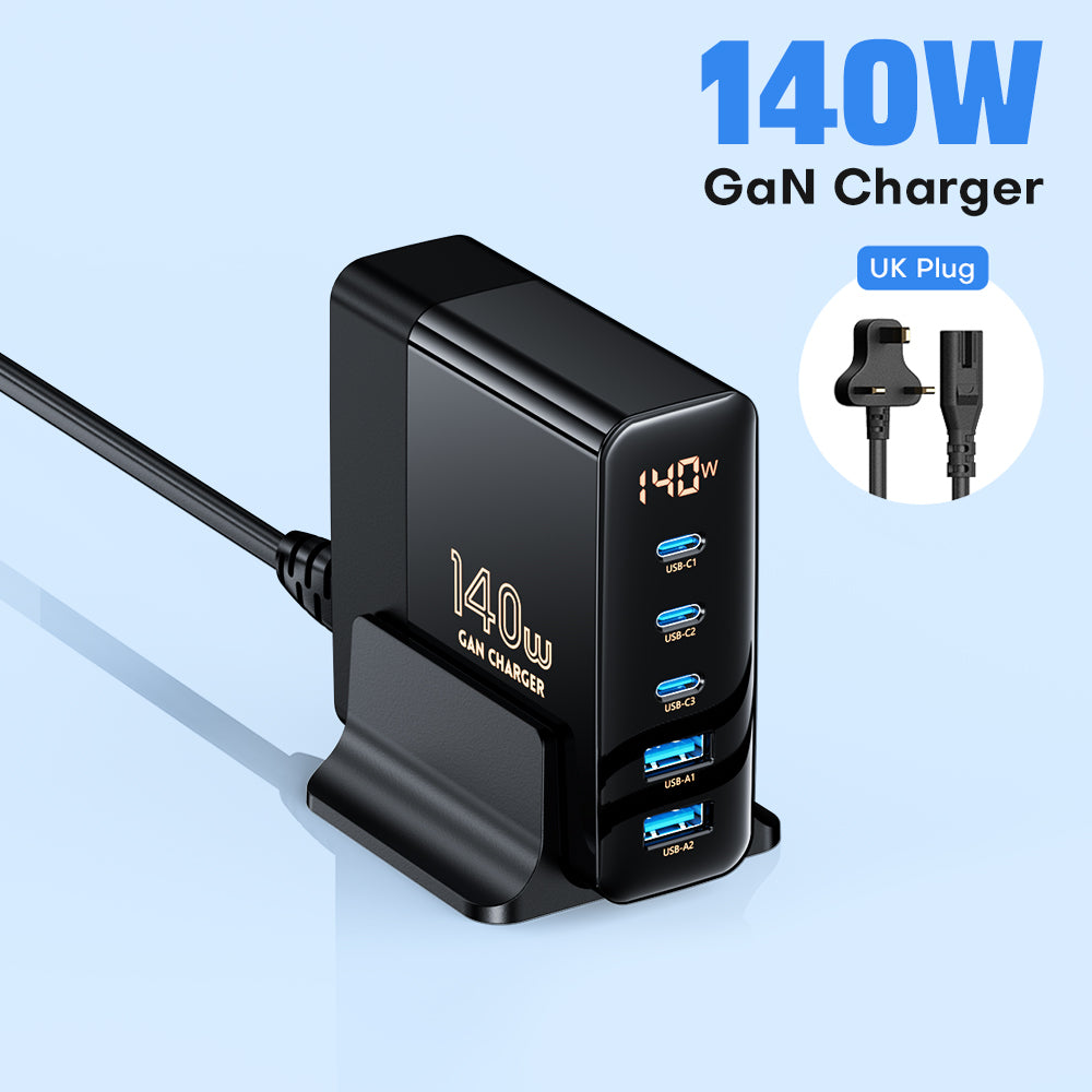 140W GaN Schnellladegerät: Premium Desktop-Ladestation | 5 USB-Anschlüsse Charging Station Dockingstation ASOMETECH | Laptop, MacBook, Smartphones, Apple iPhone, Samsung, iOS & Android