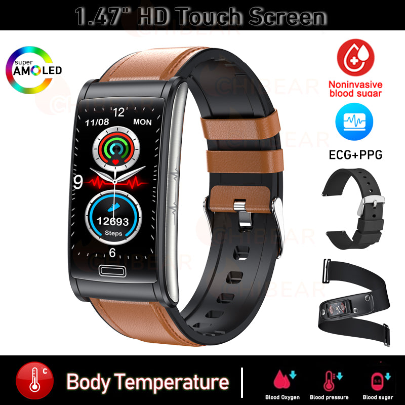 Premium Hochwertiges, nicht-invasives Blutzucker-EKG + PPG Gesundheits-Smart-Armband | IP68 Wasserdichte Sport-Smartwatch für Männer mit Blutzuckermessung