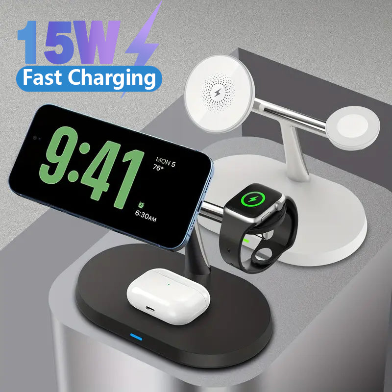 5-in-1 Magnetischer Kabelloser Ladeständer für Smartphones, Apple iPhone, Samsung, iOS & Android Apple Watch 9/8/7, AirPods | Schnelle Wireless-Charging-Dockingstation