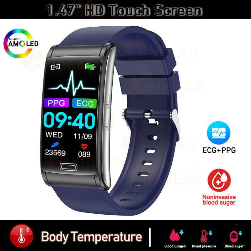 Premium Hochwertiges, nicht-invasives Blutzucker-EKG + PPG Gesundheits-Smart-Armband | IP68 Wasserdichte Sport-Smartwatch für Männer mit Blutzuckermessung