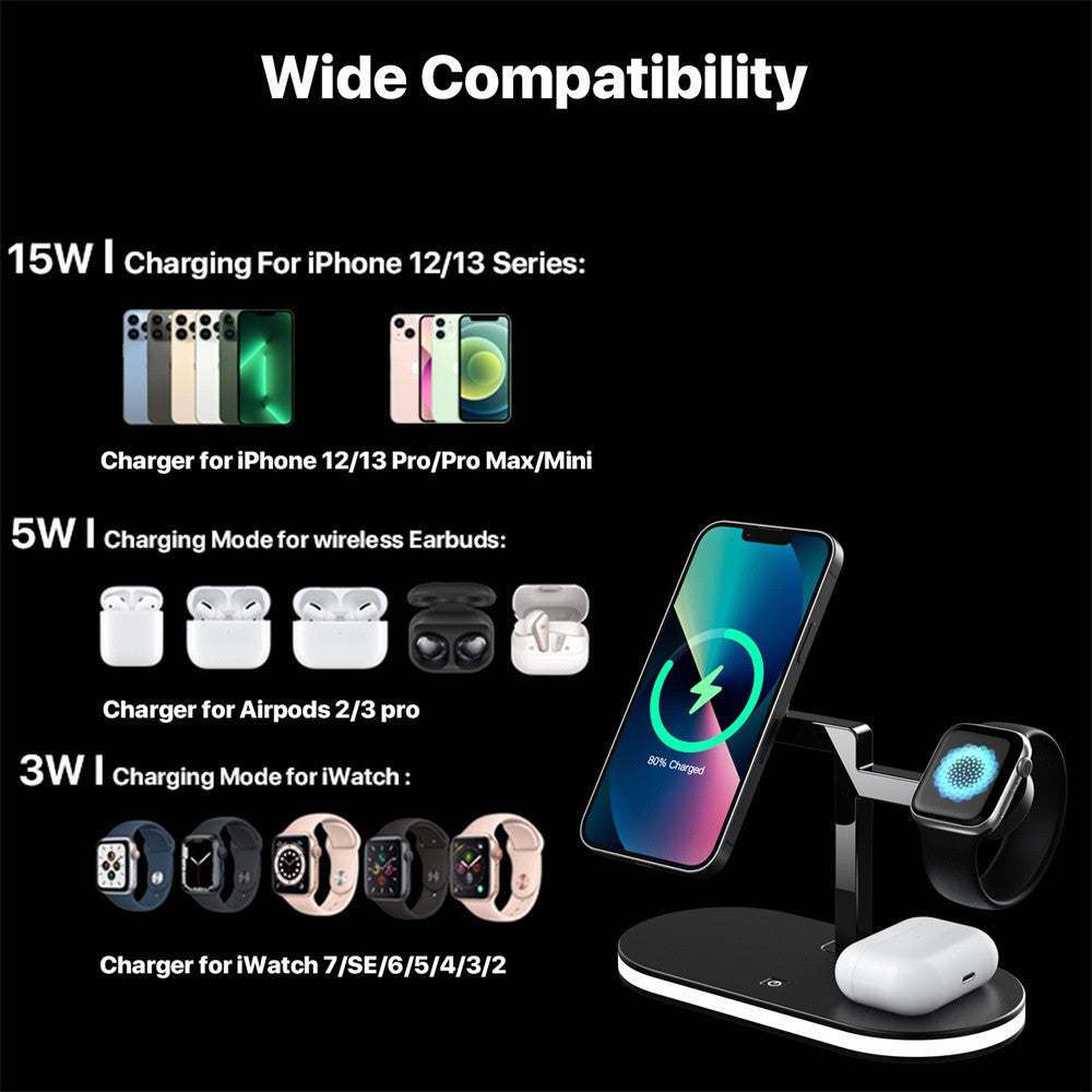 Premium 3-in-1 LED Schnellladestation | Multifunktional Kabelloses Ladegerät Fast Wireless Charging Station Dockingstation für Smartphones, Apple iPhone, Samsung, iOS & Android | Phone/Tablet Ständer & Halter