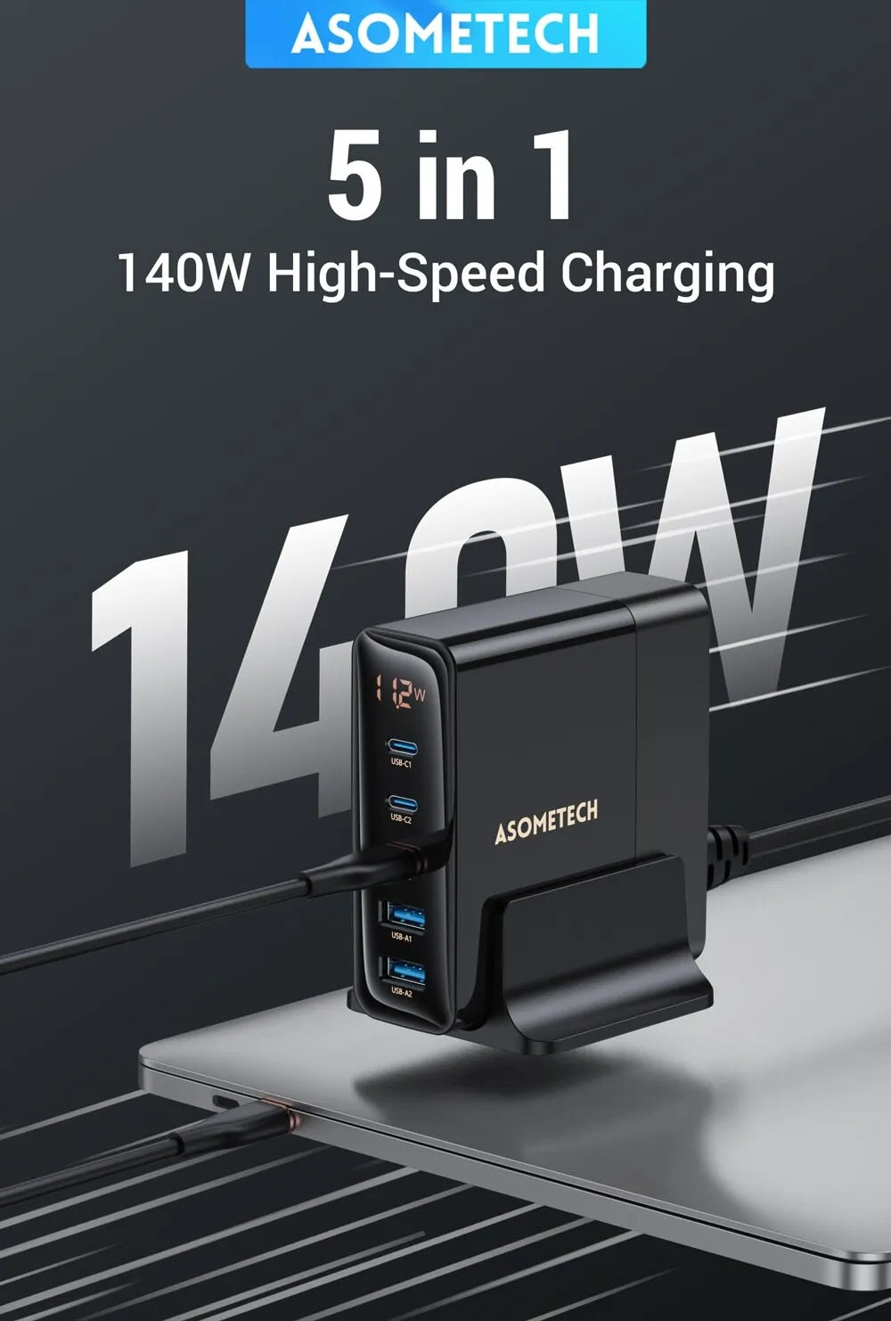 140W GaN Schnellladegerät: Desktop-Ladestation 5 USB-Anschlüsse Charging Station Dockingstation Laptop MacBook iPhone Samsung