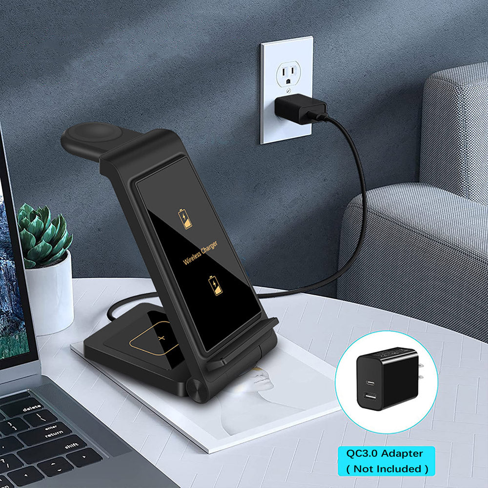 Premium 3-in-1 25W Schnellladestation Dock | Kabelloses Ladegerät für Smartphones, Apple iPhone, Samsung, iOS & Android Watch, AirPods, Galaxy Buds, Kopfhörer | Fast Wireless Charging Station