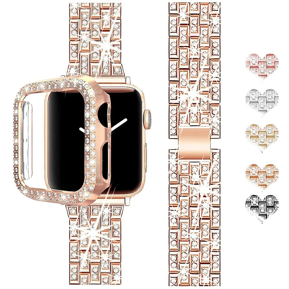 Luxus Premium Hülle Glitzer-Metallarmband & Diamant-Gehäuse für Apple Watch Serie 10/9/8/7/6/5/4/3/2/1 & Ultra 2/1, SE: 2024, 2023, 2022, 2021, 2020, 2019, 2018, 2017, 2016: 49mm, 45mm, 41mm, 40mm, 44mm, 42mm | Case & Cover, iWatch Armband