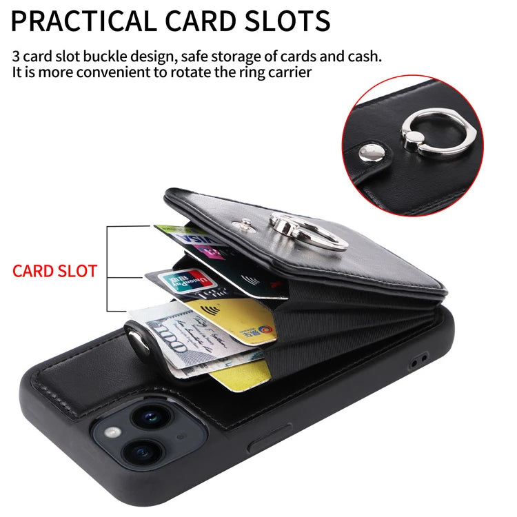 Hochwertige Karten-Slot-Brieftasche, Portmonee mit Leder-Ringhalterung iPhone-Hülle