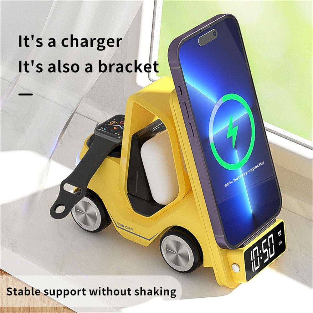 Limited Edition: Premium MagSafe Gabelstapler-Design Schnellladestation | Kabelloses Ladegerät für Smartphones, Apple iPhone, Samsung, iOS & Android Watch, AirPods | Fast Wireless Charging Dock mit Wecker & Nachtlicht