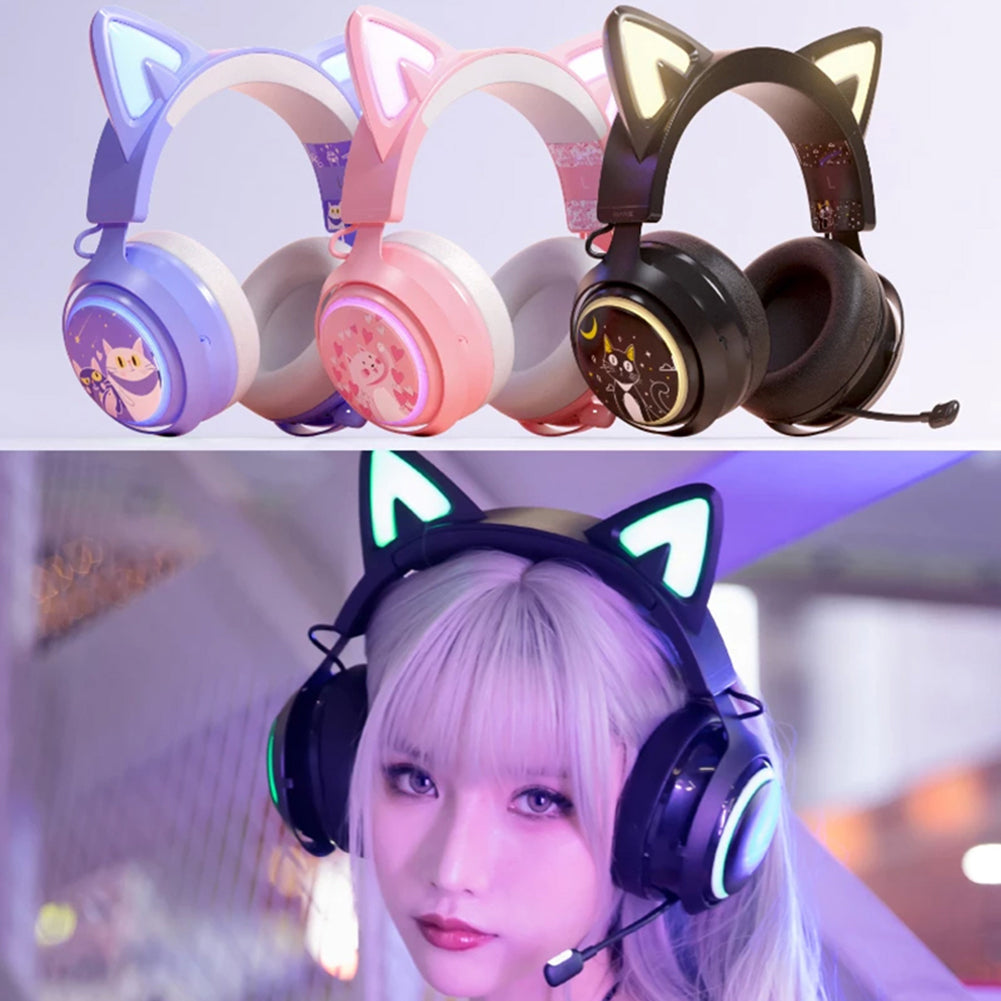 Hochwertiges Onikuma X15 Pro Over-Ear Gaming-Headset mit Kabel | Geräuschunterdrückung, Rosa Katzenohren, RGB-Licht und Mikrofon für PC PS4 Gaming