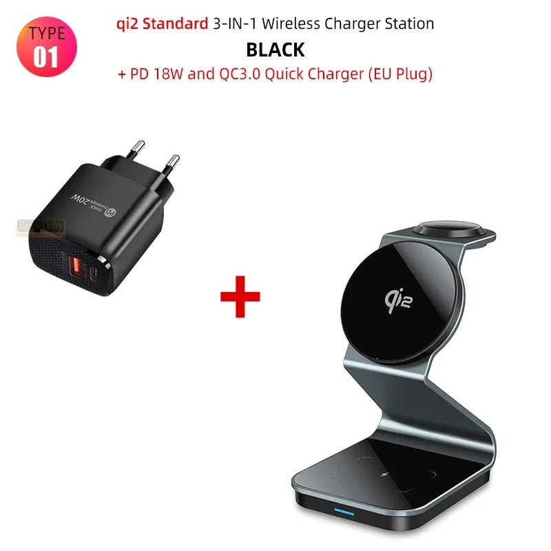 3 In 1 Faltbarer Magnetischer Ladestation 15W Kabellose Ladegerät Aluminium Schnellladestation Dockingstation Wireless Charging Station Smartphones, Apple iPhone, Samsung, iOS & Android