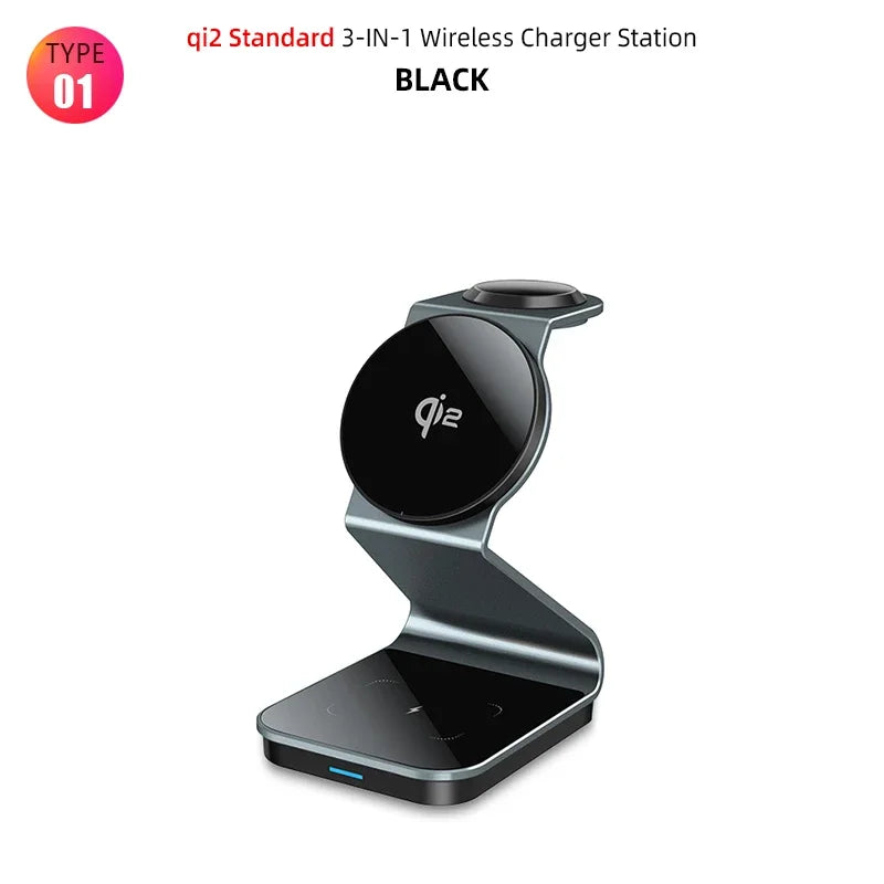 3 In 1 Faltbarer Magnetischer Ladestation 15W Kabellose Ladegerät Aluminium Schnellladestation Dockingstation Wireless Charging Station Smartphones, Apple iPhone, Samsung, iOS & Android