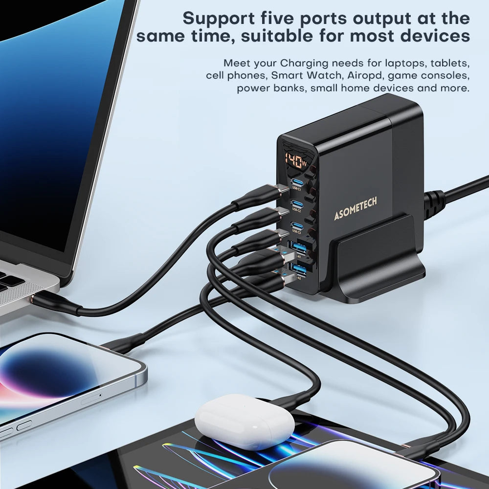 140W GaN Schnellladegerät: Premium Desktop-Ladestation | 5 USB-Anschlüsse Charging Station Dockingstation ASOMETECH | Laptop, MacBook, Smartphones, Apple iPhone, Samsung, iOS & Android