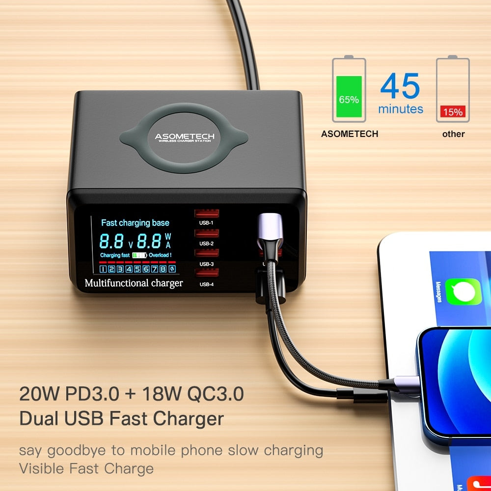 Ladestation Kabellose Schnell Ladegerät Digital | Wireless Charging Station iPhone, Samsung, Android, Handy, Tablet