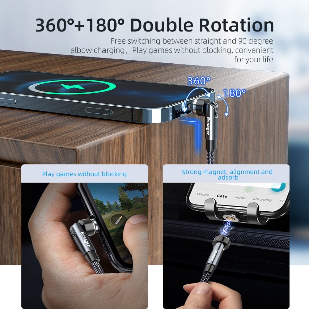 Schnellladendes 540° drehbares magnetisches Kabel für Apple iPhone, iOS, Samsung & Android - 3A Datenübertragung USB Typ C