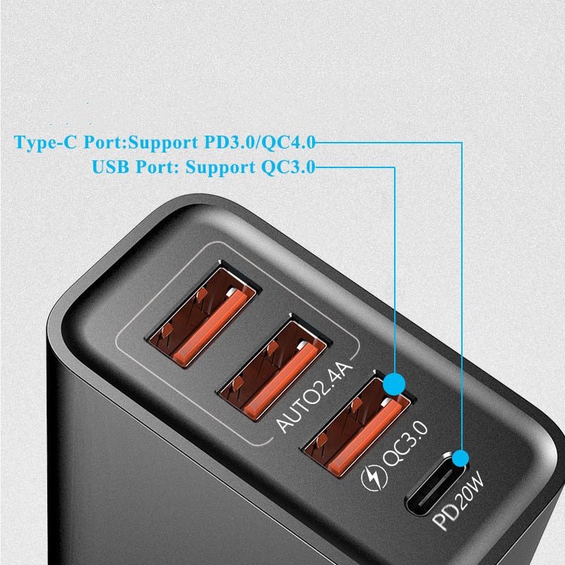 Ladegerät USB C - Schnellladung Smartphones iPhone, iOS, Xiaomi, Samsung, Huawei & Android - mit 3 USB & 1 Type-C Anschluss